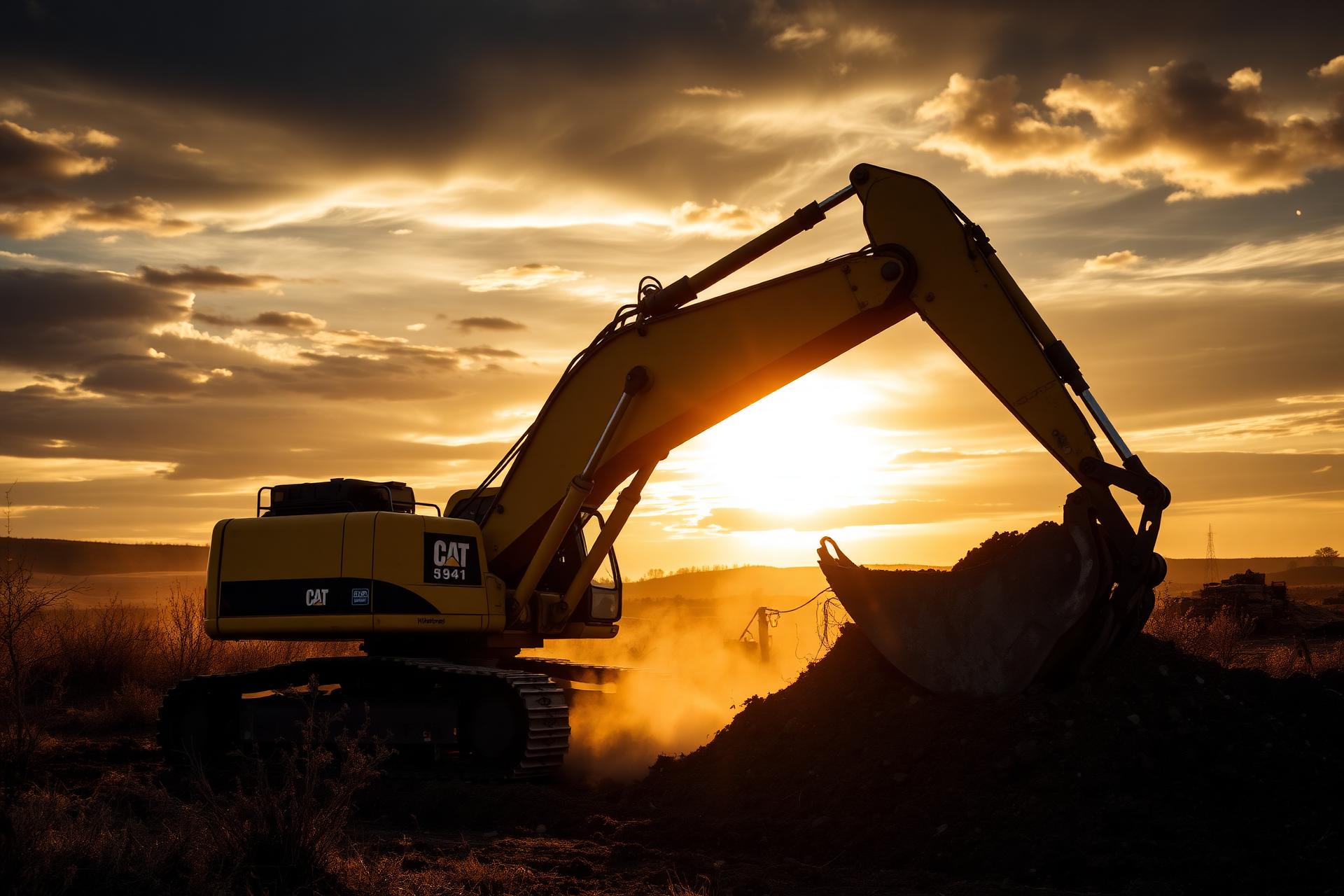 Excavator clearing land at sunset